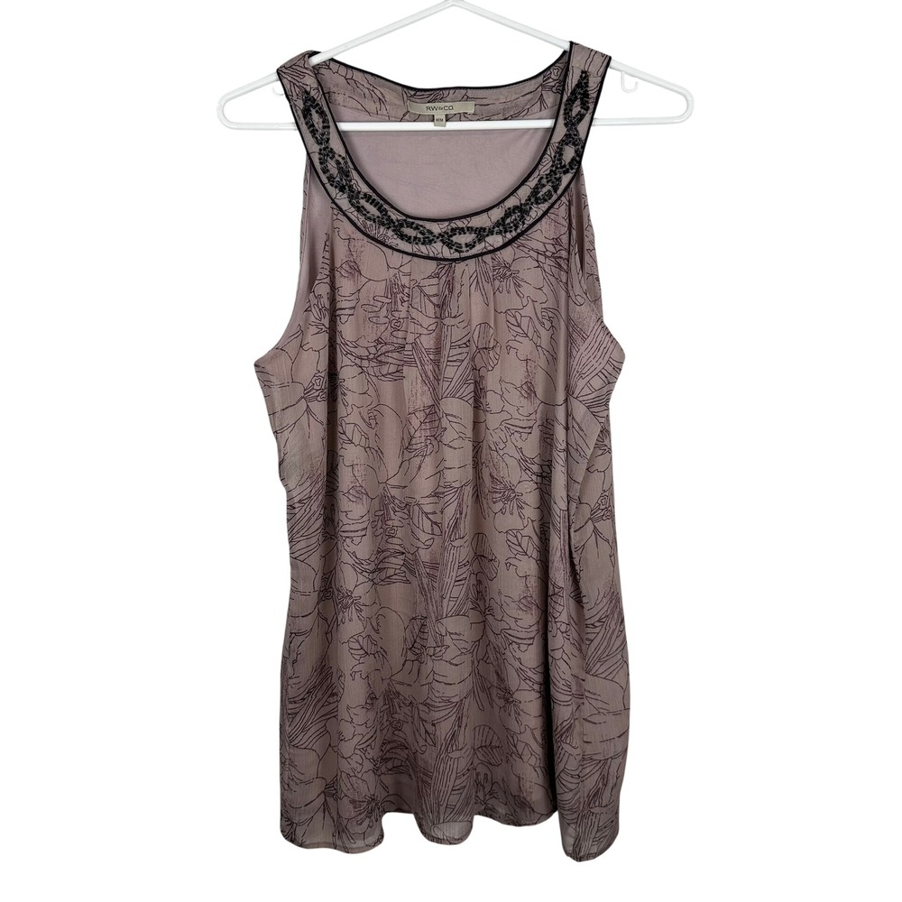 RW&CO Mauve Floral Beaded Neckline Sleeveless Blouse Top Medium